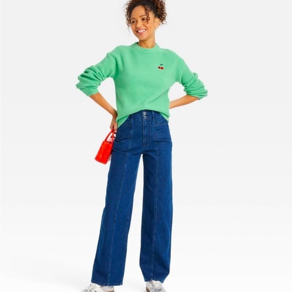 Target Crewneck Sweater A New Day Green Red Cherries Embroidered Size Medium - Picture 8 of 9